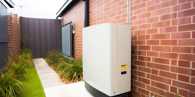 Tesla home battery with modern house in the background. Contemporary architecture, smart home, self sufficient home. Generative ai.