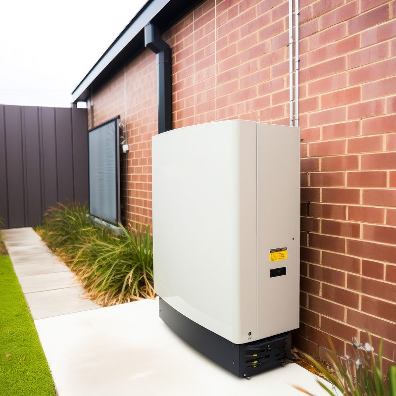 Tesla home battery with modern house in the background. Contemporary architecture, smart home, self sufficient home. Generative ai.